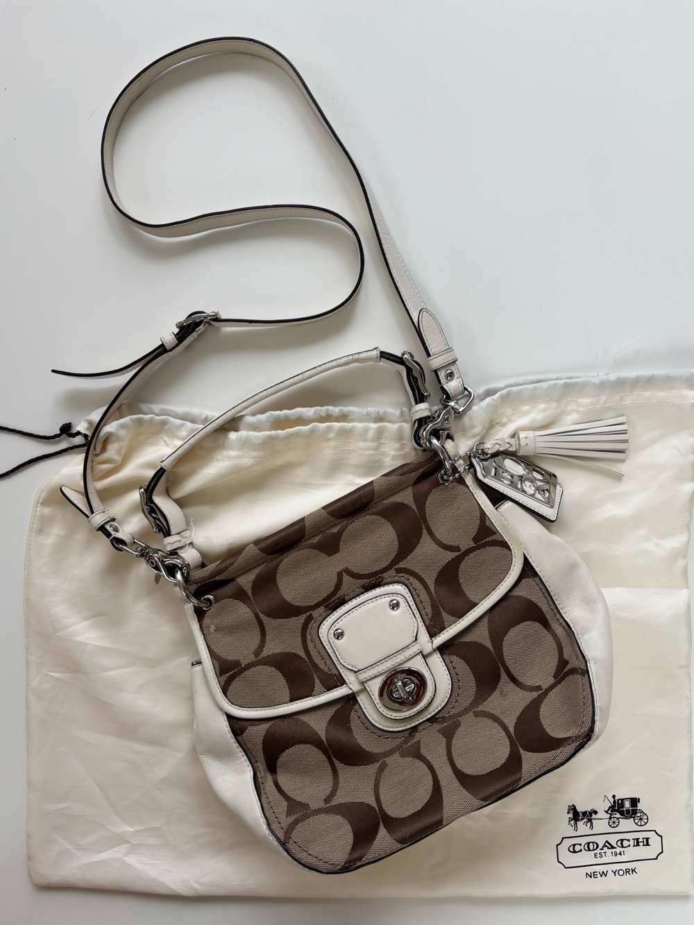 COACH Signature Willis Crossbody Bag White Leather Trim with Dustbag